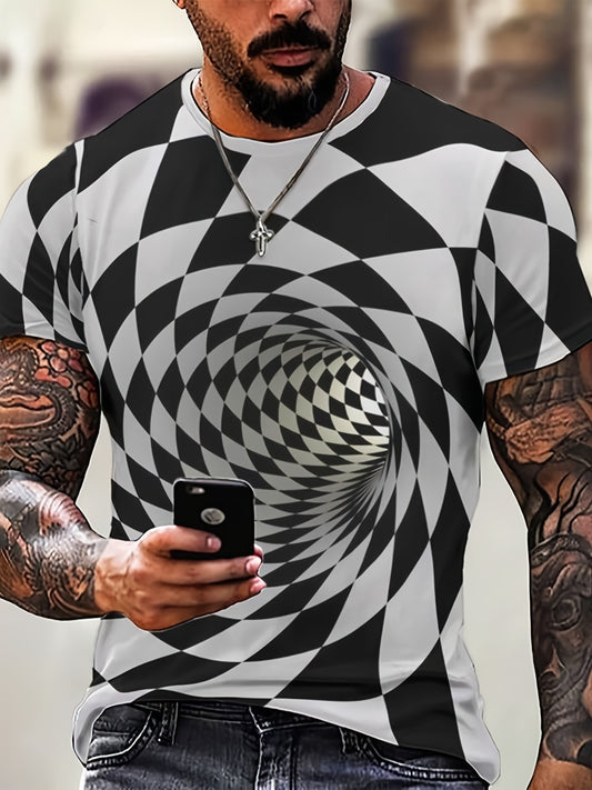 Illusion Vortex Color Block 3D Print Men's Novelty Short Sleeve Crew Neck T-shirt, Summer Outdoor