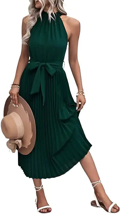 Women's 2023 Summer Sleeveless Halter Neck Pleated Midi Cocktail Dress A Line Flowy Beach Sun Dress with Belt