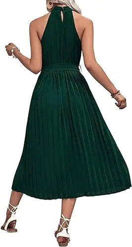 Women's 2023 Summer Sleeveless Halter Neck Pleated Midi Cocktail Dress A Line Flowy Beach Sun Dress with Belt