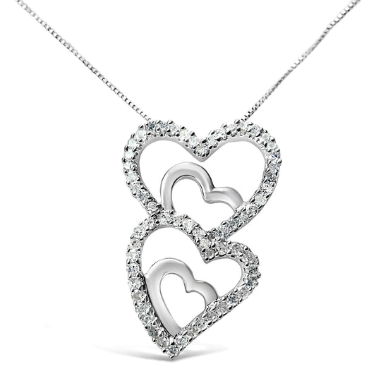 .925 Sterling Silver 3/8 Cttw Round Diamond Double Heart-in-Heart Pendant 18" Necklace (I-J Color, I3 Clarity)