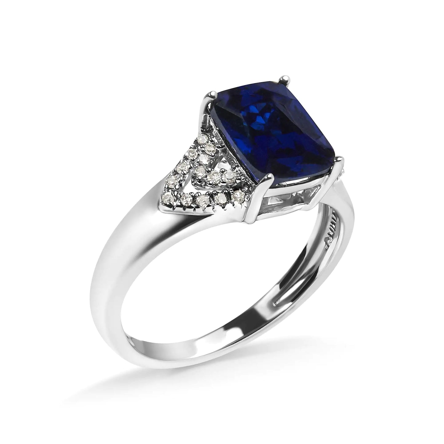 .925 Sterling Silver 9X7 mm Cushion Cut Blue Sapphire and White Diamond Step up Engagement Ring (I-J Color, I3 Clarity)