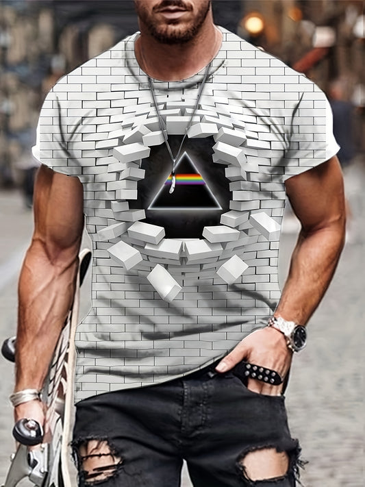 Men's 3D Digital Geometric Graphic And Broken Wall Pieces Pattern Crew Neck And Short Sleeve T-shirt, Novel And Chic Tops For Summer Street Wear