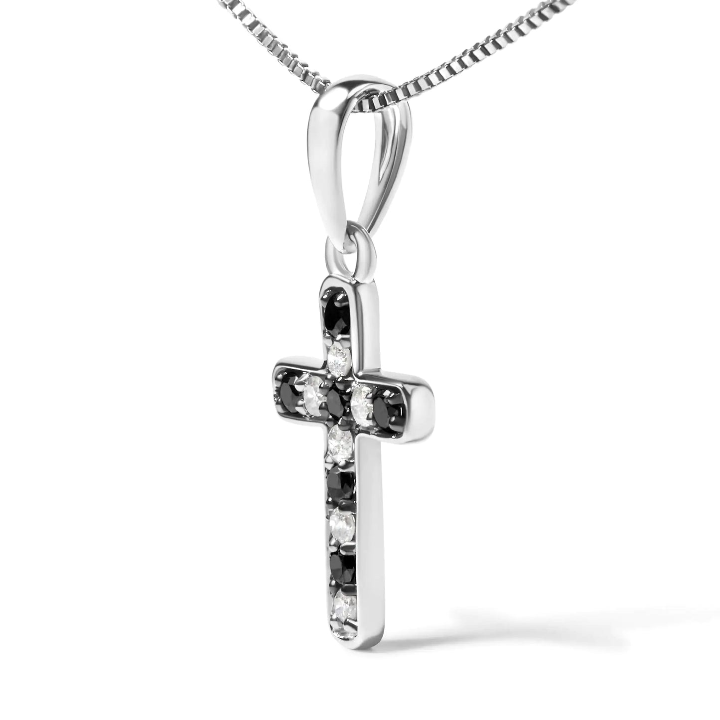 .925 Sterling Silver 1/4 Cttw Round Natural Treated Black and White Diamond Cross Pendant Necklace (Black and I-J Color, I3 Clarity)