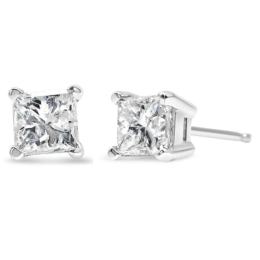 AGS Certified 14k Gold 4-Prong Set Princess-Cut Solitaire Diamond Push Back Stud Earrings (I-J Color, SI2-I1 Clarity)